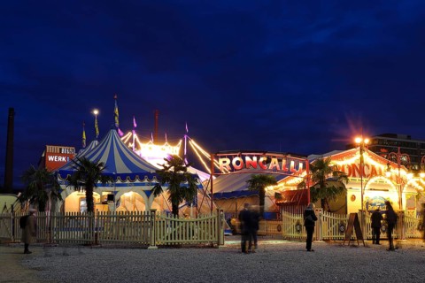 Circus Roncalli, illuminated in the evening, Munich, Bavaria, Germany, Europe