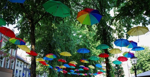 Colourful umbrellas in the old town, decoration, Roermond, Netherlands