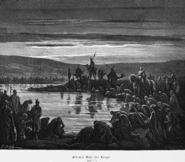 Gideon's choice of warriors, Book of Judges, chapter 5, waterhole, brook, many people, army, drink,