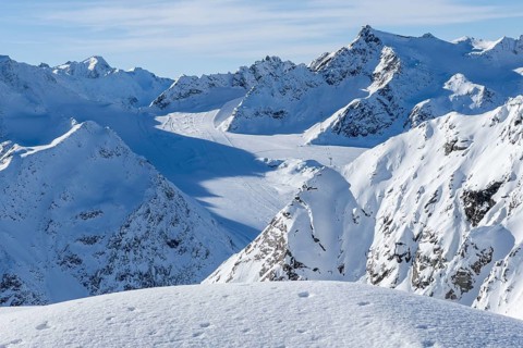 View from the mountain station of the Tiefenbach cable car of the Tiefenbach glacier across to the
