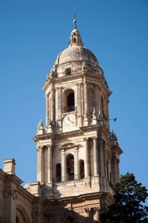 Bell tower Baroque architecture exterior of the cathedral church of Malaga city, Spain, Santa