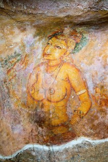 Rock painting frescoes of maidens in the palace fortress, Sigiriya, Central Province, Sri Lanka,