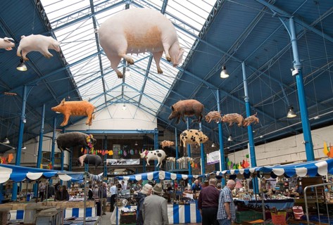 Flea market inside Market Hall building, Abergavenny, Monmouthshire, South Wales, UK