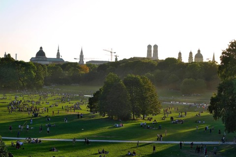 View of the Munich skyline, Monopteros in the English Garden, Munich, Bavaria, Germany, Europe