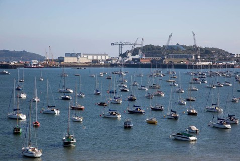Yachts at moorings port of Falmouth, Cornwall, England, UK