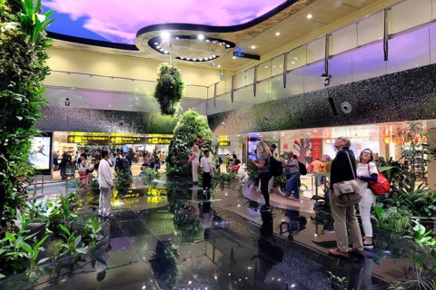 Interior view of Terminal 2, dreamscape with immersive garden and digital sky, Changi Airport