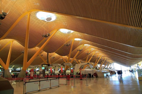 Modern architecture interior of terminal 4 building, Adolfo Suarez Madridâ€“Barajas airport,