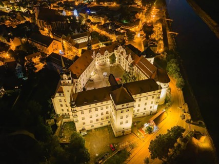 Hartenfels Castle from above, at dusk, Torgau, Saxony, Germany, Europe