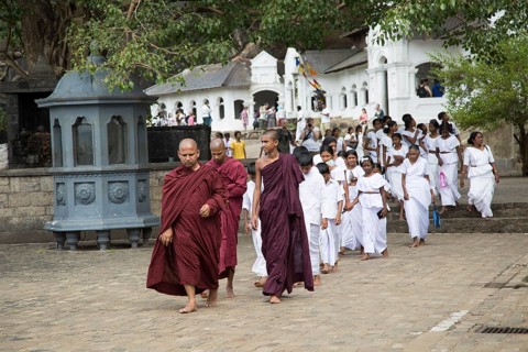 Monks at Dambulla cave Buddhist temple complex, Sri Lanka, Asia