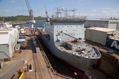 RFA Mounts Bay ship in dry dock, Falmouth, Cornwall, England, UK