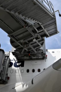 Lufthansa Airbus A380-800 with docked passenger boarding bridges at check-in position, Munich