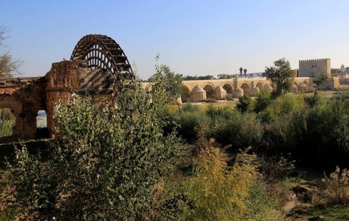 Historic Albolafia Moorish water-wheel on river Rio Guadalquivir, Cordoba, Spain, Europe