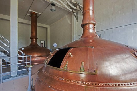 Copper brew kettles at Brouwerij Lindemans, Belgian brewery at Vlezenbeek, producer of geuze and