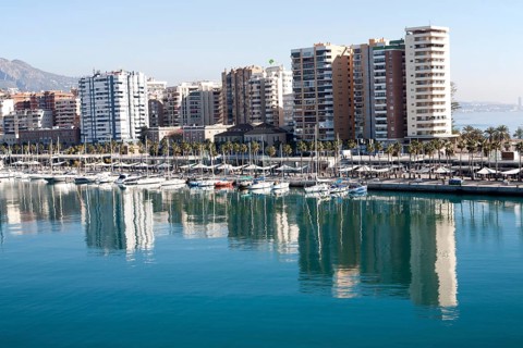 Apartment blocks and yachts in marina of Muelle Uno port development, city of Malaga, Spain, Europe