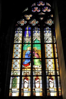 Church windows with Christian motifs, Heilig-Kreuz-Muenster, start of construction around 1315,