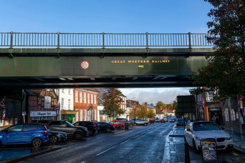 Great Western Railway rail bridge 1862 crossing the High Street, Hungerford, Berkshire, England, UK