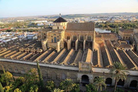 Raised angle view of Great Mosque, Mezquita cathedral, former mosque building in central, Cordoba,