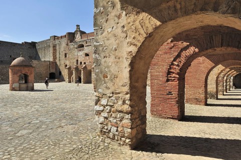 Inner court and well of the Catalan fortress Fort de Salses at Salses-le-Chateau, Pyrenees, France,