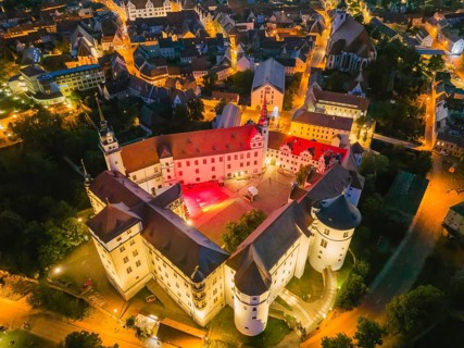 Hartenfels Castle from above, at dusk, Torgau, Saxony, Germany, Europe