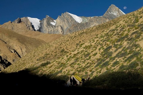 Moon setting above a trekker camp in the upper Kong Togpo Valley in Ladakh, with some high,