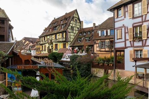 Historic houses with Quai de Poissonnerie, Little Venice, Petite Venise, Christmas decoration,