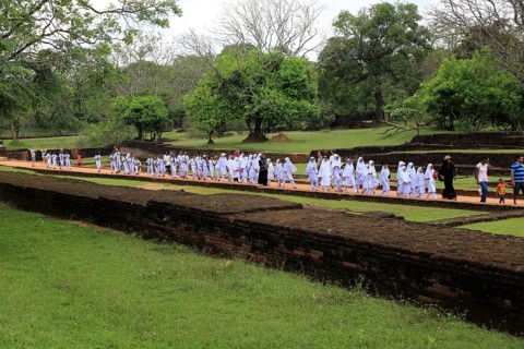 Large school group of children in the palace water gardens, Sigiriya, Central Province, Sri Lanka,