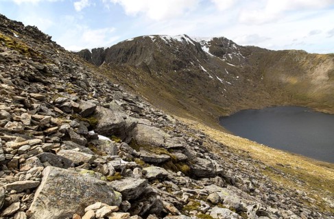 Striding Edge arete Helvellyn mountain peak and Red Tarn corrie lake, Lake District, Cumbria,