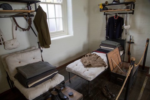 Inside historic barracks building at Pendennis Castle, Falmouth, Cornwall, England, UK