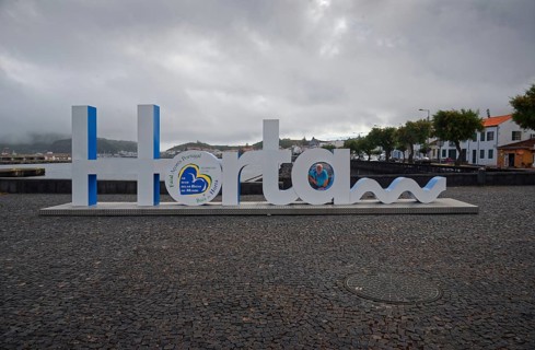Lettering 'Horta' as a 3D sculpture in the public square of the harbour of Horta, Horta, Faial