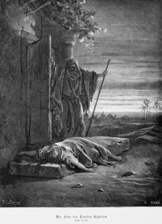 The woman of the Levite Ephraim, Book of Judges, chapter 19, building, open door, man, staff,