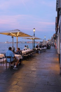 Restaurant on the waterfront of the Guidecca Canal, Dorsoduro district, Venice, Veneto, Italy,