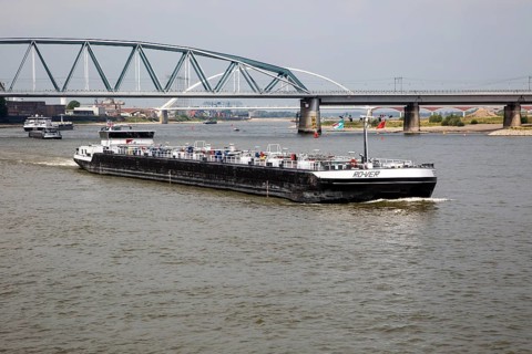 Large commercial barge on River Waal, Nijmegen, Gelderland, Netherlands