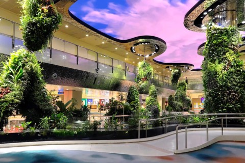 Interior view of Terminal 2, dreamscape with immersive garden and digital sky, Changi Airport