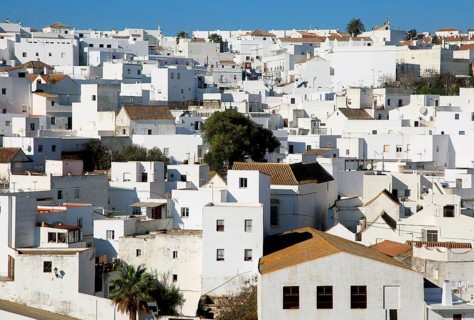 Pueblo blanco historic village whitewashed houses on hillside, Vejer de la Frontera, Cadiz