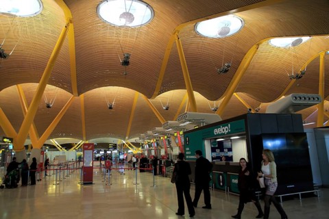 Modern architecture interior of terminal 4 building, Adolfo Suarez Madridâ€“Barajas airport,