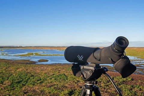 Birdwatcher's telescope and view over salt marsh of the Western Scheldt estuary at nature reserve