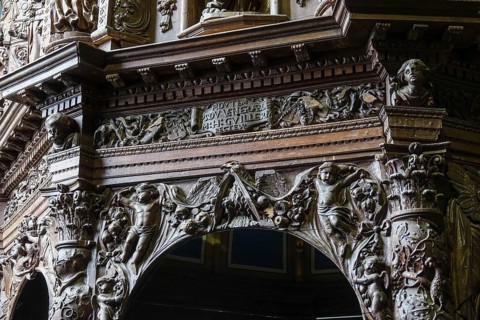 Renaissance-style carved canopy of the baptismal font, Enclos Paroissial enclosed parish of