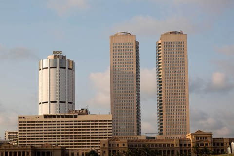 Twin towers of World Trade Centre and modern hotels, central business district, Colombo, Sri Lanka,