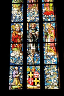 Church windows with Christian motifs, Heilig-Kreuz-Muenster, start of construction around 1315,