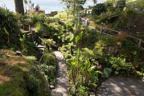Sunken sub-tropical garden, Gyllyngdune Gardens, Falmouth, Cornwall, England, UK