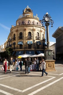 El Gallo Azul building cafe in central built in 1929 advertising Fundador brandy, Jerez de la