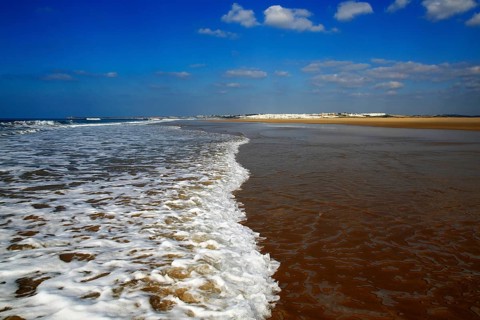Wave breaking on sandy beach at Conil de la Frontera, Cadiz Province, Spain, Europe