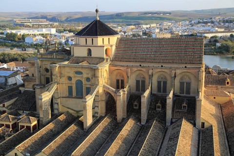 Raised angle view of Great Mosque, Mezquita cathedral, former mosque building in central, Cordoba,