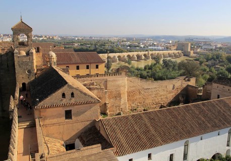 View to Roman bridge and river Rio Guadalquivir from Alcazar, Cordoba, Spain, Alcazar de los Reyes