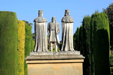 Columbus, King Ferdando and Queen Isabel statues in garden of Alcazar, Cordoba, Spain, Alcazar de