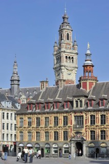 Bell tower of Chamber of Commerce and La Vieille Bourse at the Place du General de Gaulle, Lille,