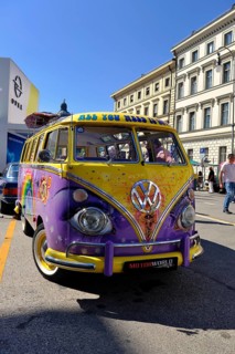 VW Transporter T1, front view, with surfboards and painting from the hippie era, Munich, Bavaria,