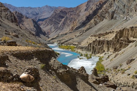 Tsarab River, cutting across the Zanskar Range of the Himalayas in Ladakh, with barren mountains
