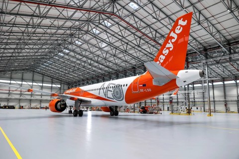 An easyJet Airbus A320 neo stands in the newly opened easyJet maintenance hangar. The entire