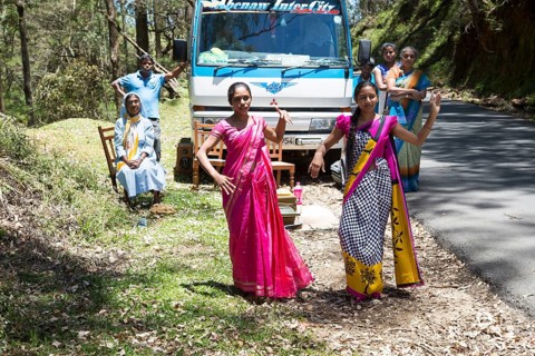 Two young women dancing in traditional saris, near Nuwara Eliya, Sri Lanka, Asia